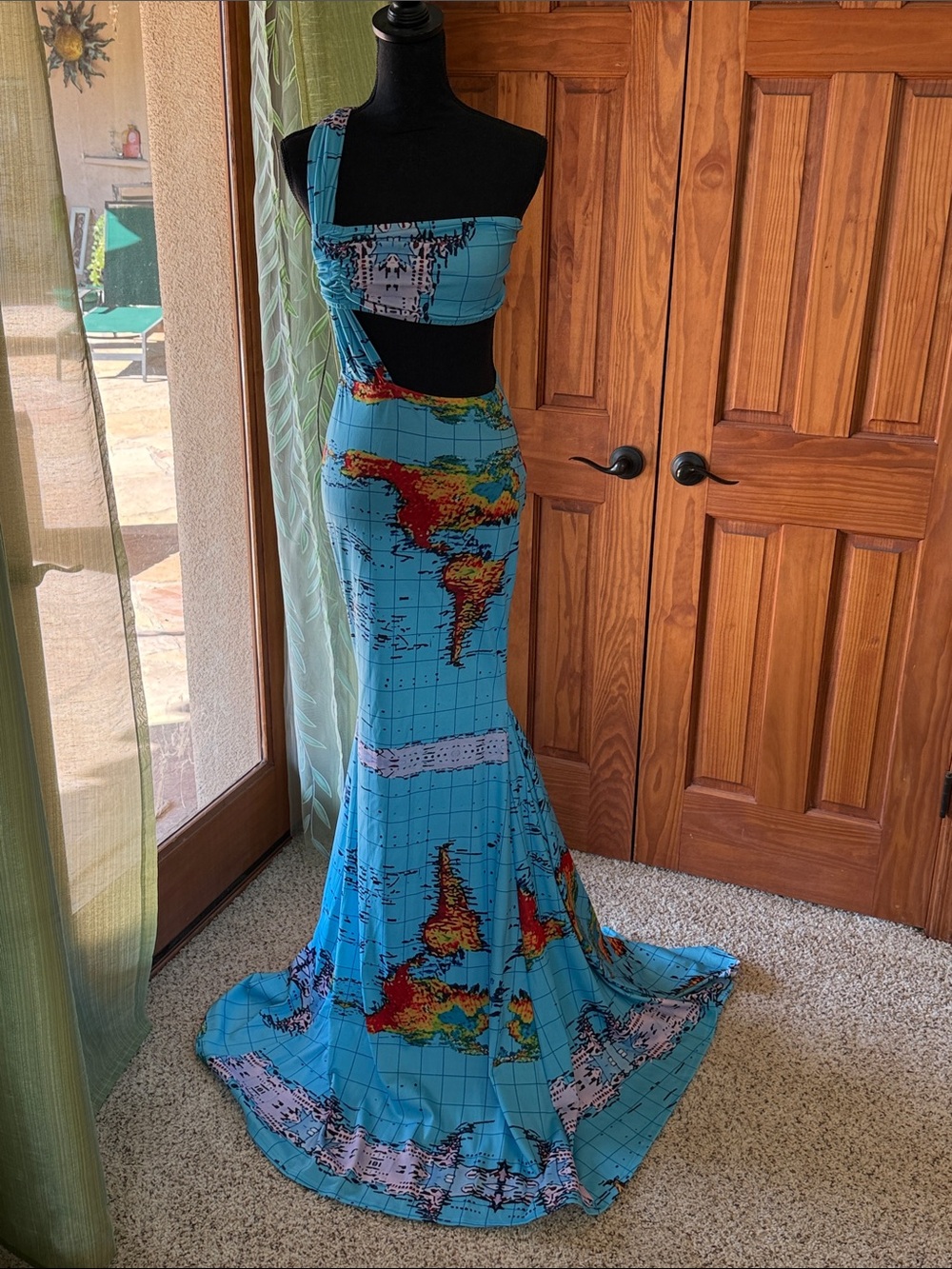 One-Shoulder World Map Print Mermaid Gown in Sky Blue